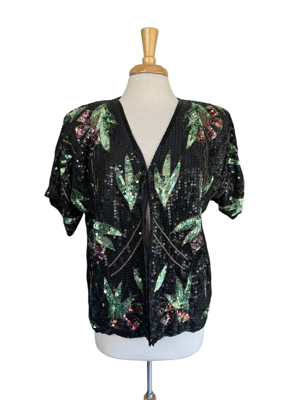Vintage NEW Sequin Short Sleeve Jacket Floral Silk Black Red Green Holiday Large